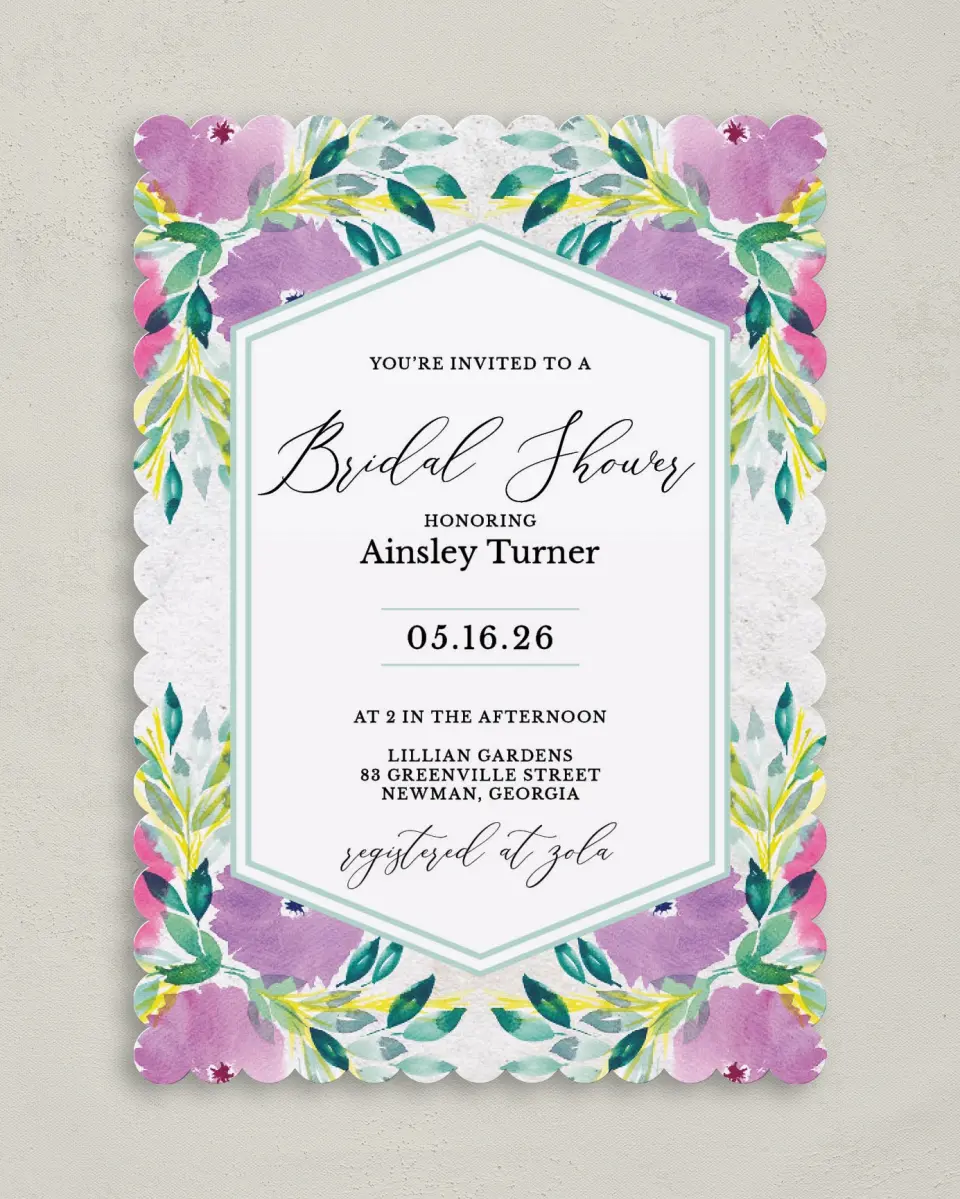 This is a 5" x 7" Bridal Shower Invitation called Wild Blooms printed in full color on Premium Smooth paper
