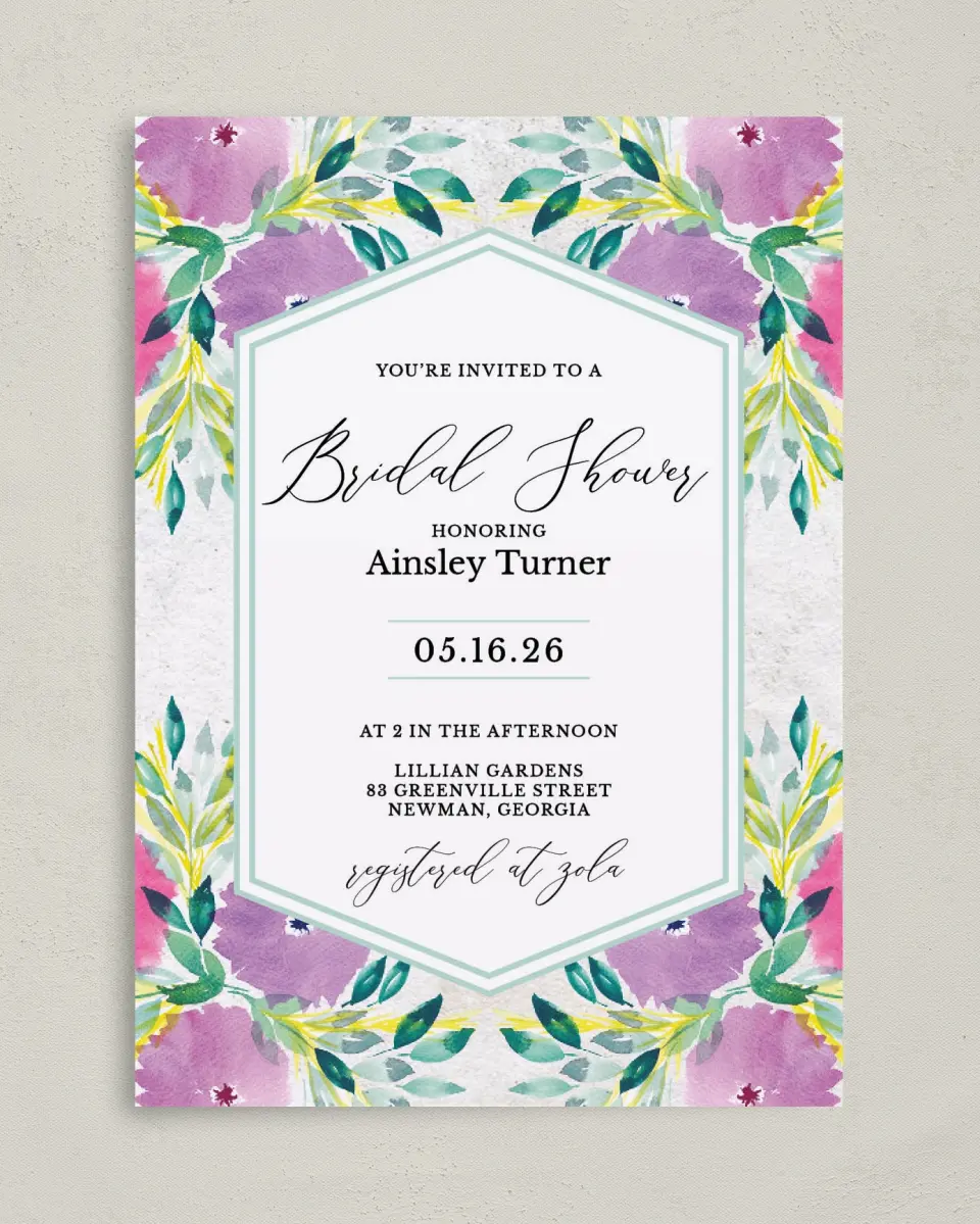 This is a 5" x 7" Bridal Shower Invitation called Wild Blooms printed in full color with Rose Gold foil on Luxe Satin (coated) paper