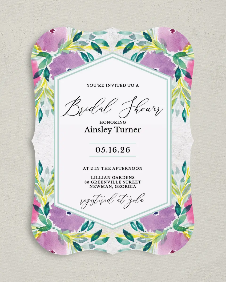 This is a 5" x 7" Bridal Shower Invitation called Wild Blooms printed in full color on Premium Smooth paper