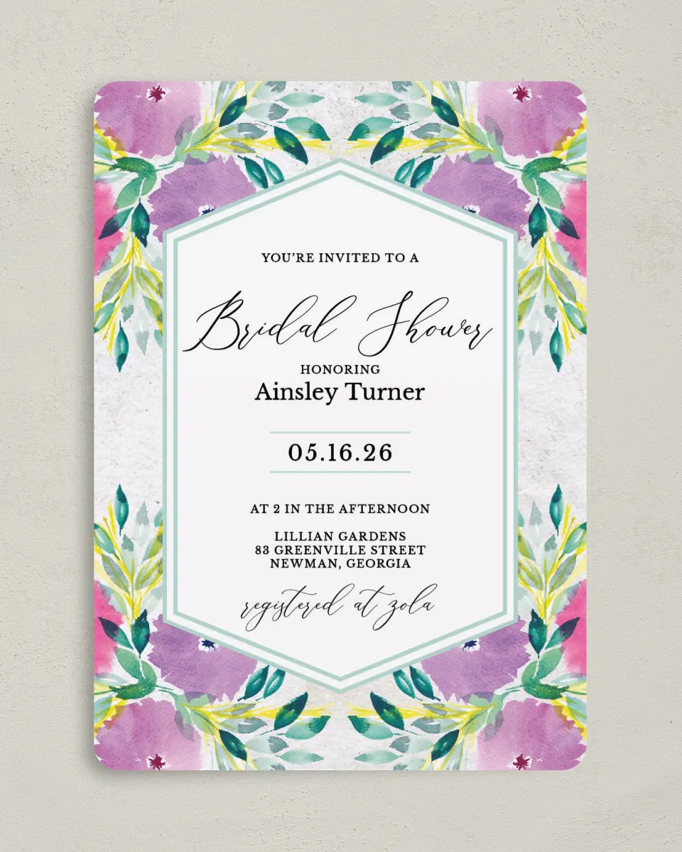 This is a 5" x 7" Bridal Shower Invitation called Wild Blooms printed in full color on Premium Smooth paper