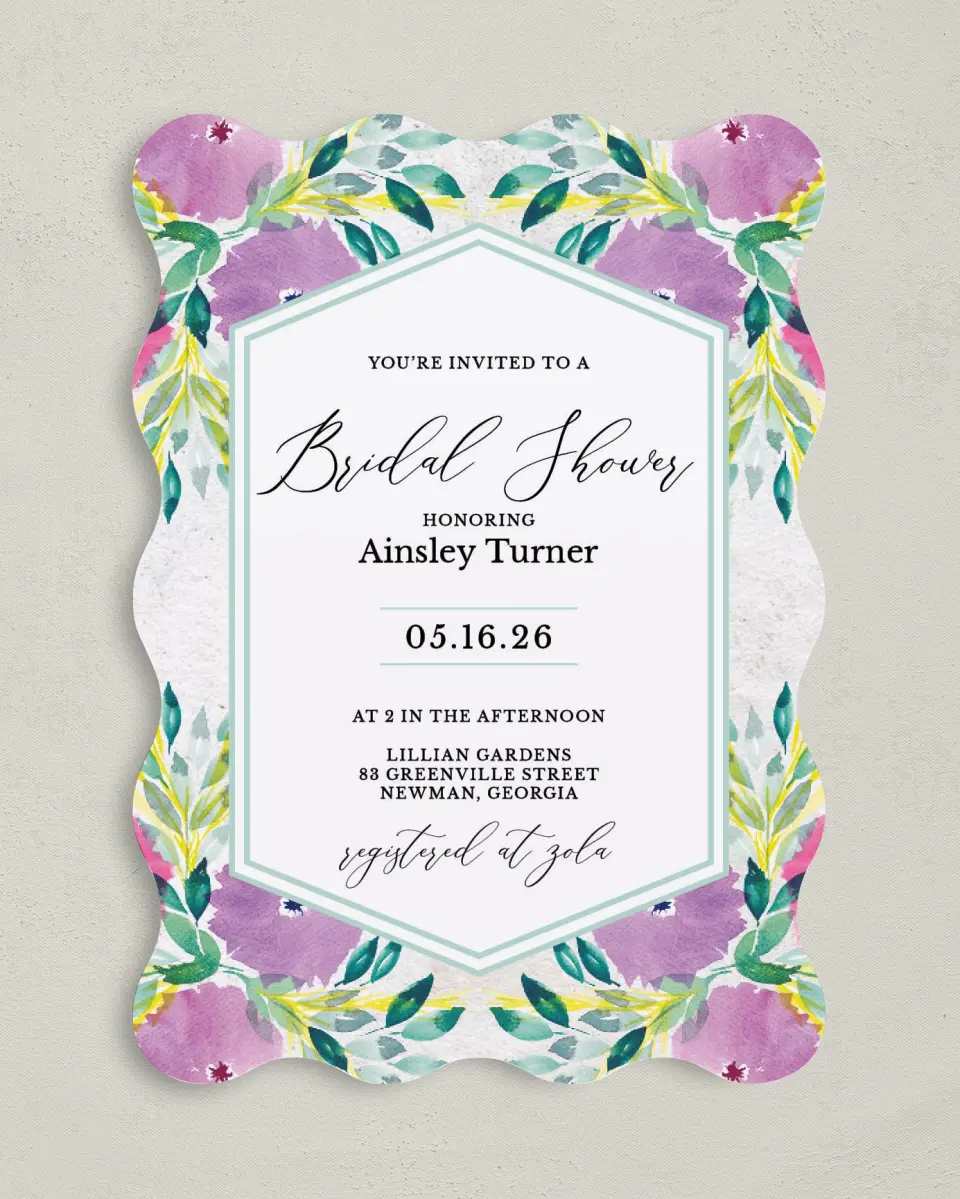This is a 5" x 7" Bridal Shower Invitation called Wild Blooms printed in full color with Gold foil on Luxe Satin (coated) paper
