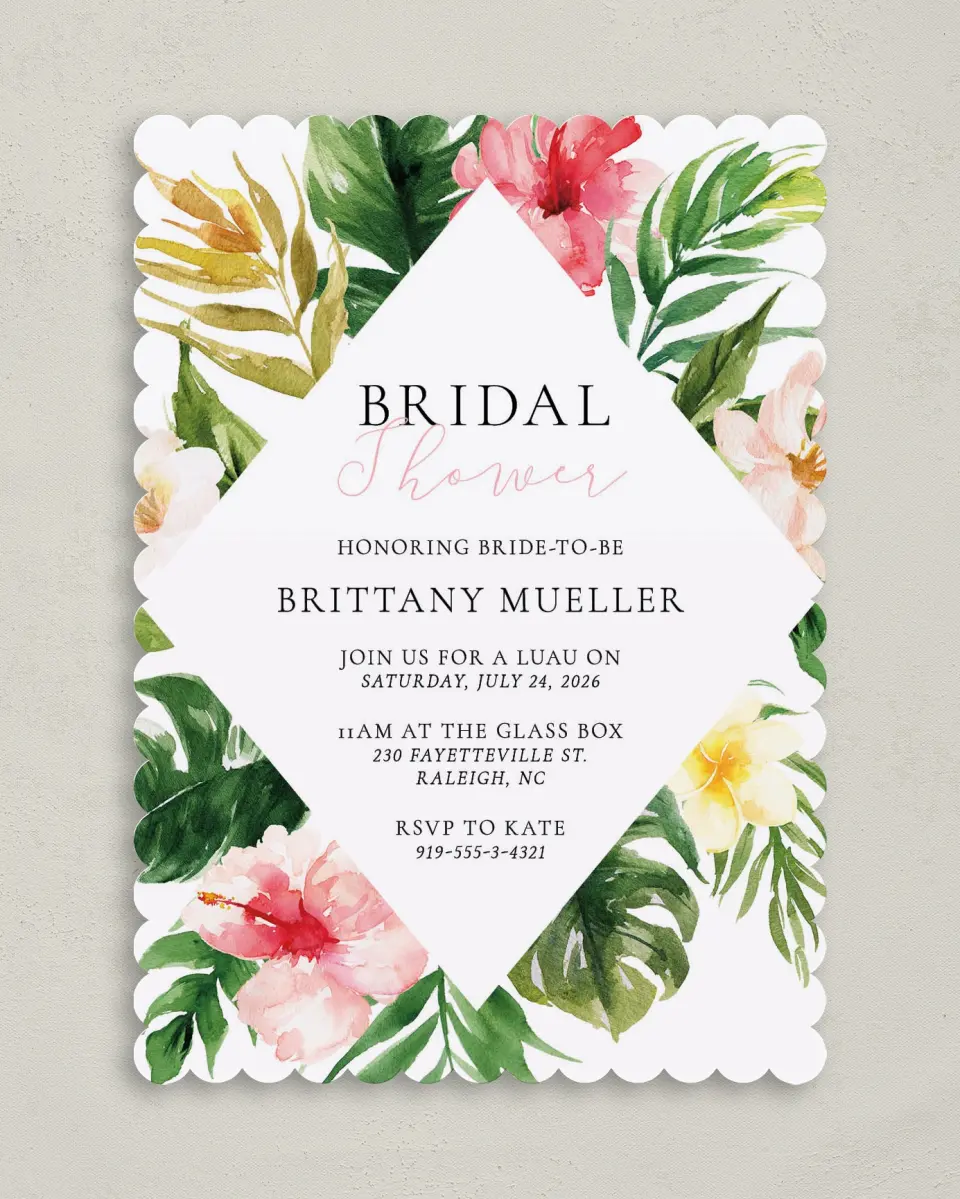 This is a 5" x 7" Bridal Shower Invitation called Lovely Tropics printed in full color on Premium Smooth paper