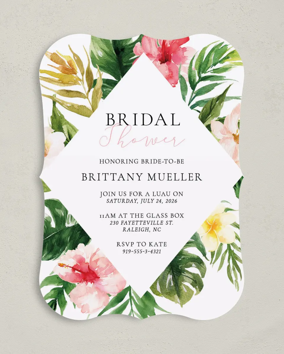 This is a 5" x 7" Bridal Shower Invitation called Lovely Tropics printed in full color on Premium Smooth paper