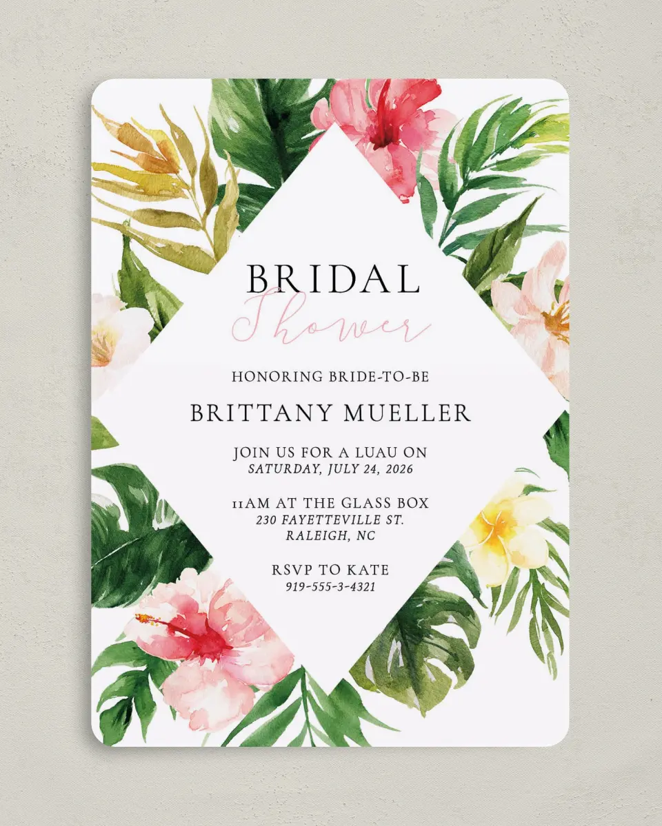 This is a 5" x 7" Bridal Shower Invitation called Lovely Tropics printed in full color on Premium Smooth paper