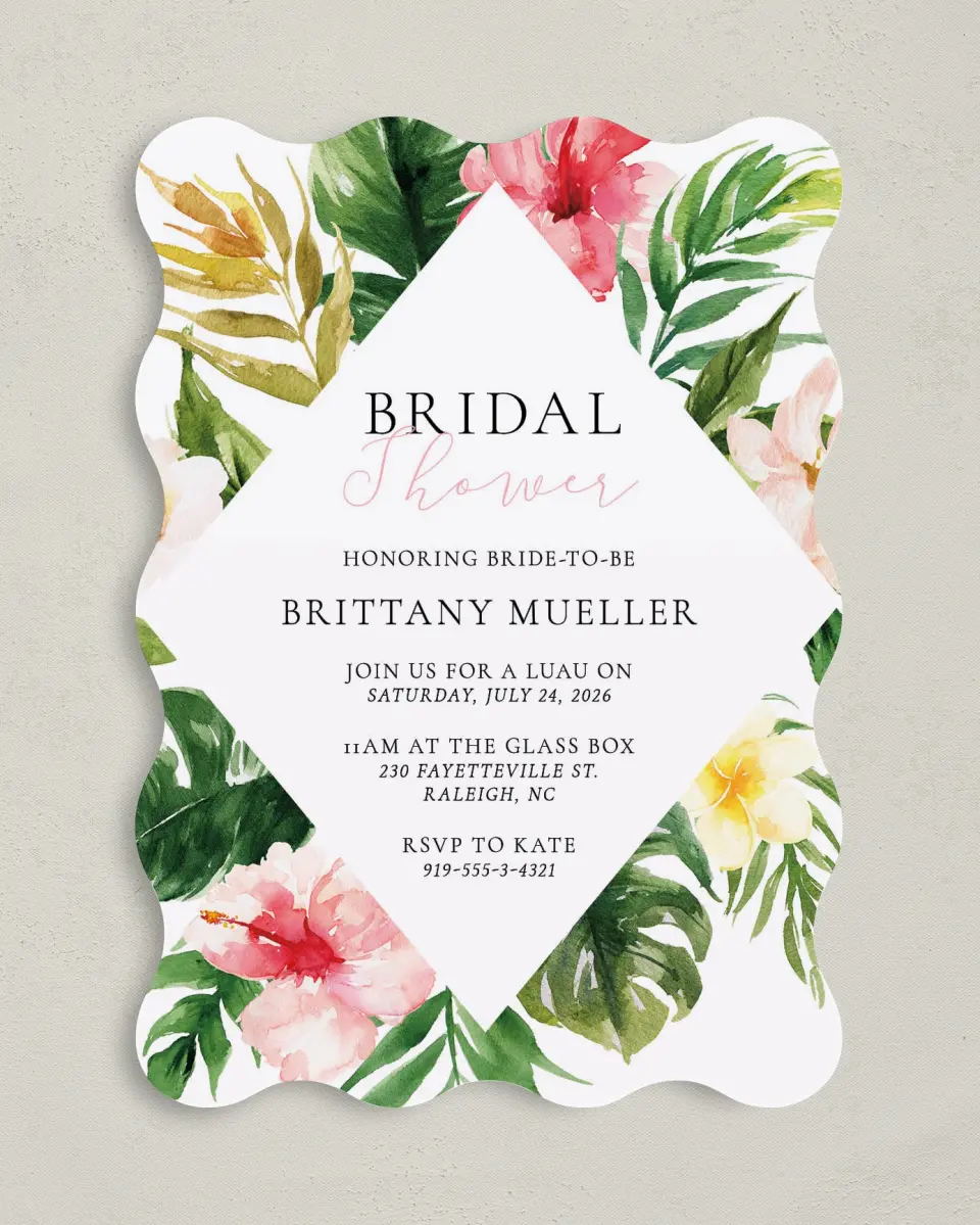 This is a 5" x 7" Bridal Shower Invitation called Lovely Tropics printed in full color with Gold foil on Luxe Satin (coated) paper