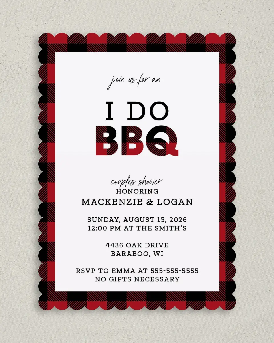 This is a 5" x 7" Bridal Shower Invitation called I Do BBQ printed in full color on Premium Smooth paper