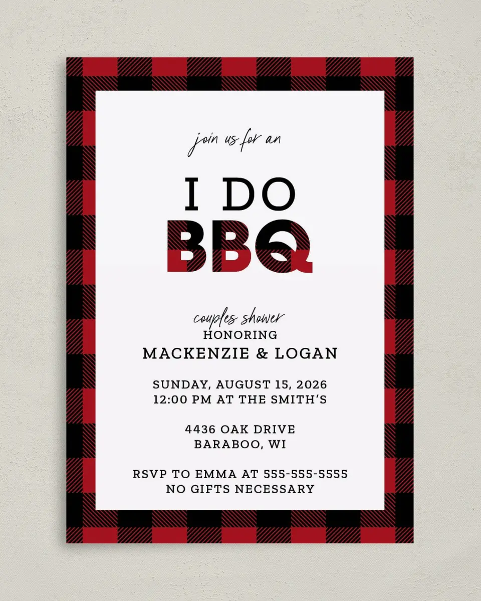 This is a 5" x 7" Bridal Shower Invitation called I Do BBQ printed in full color on Premium Smooth paper