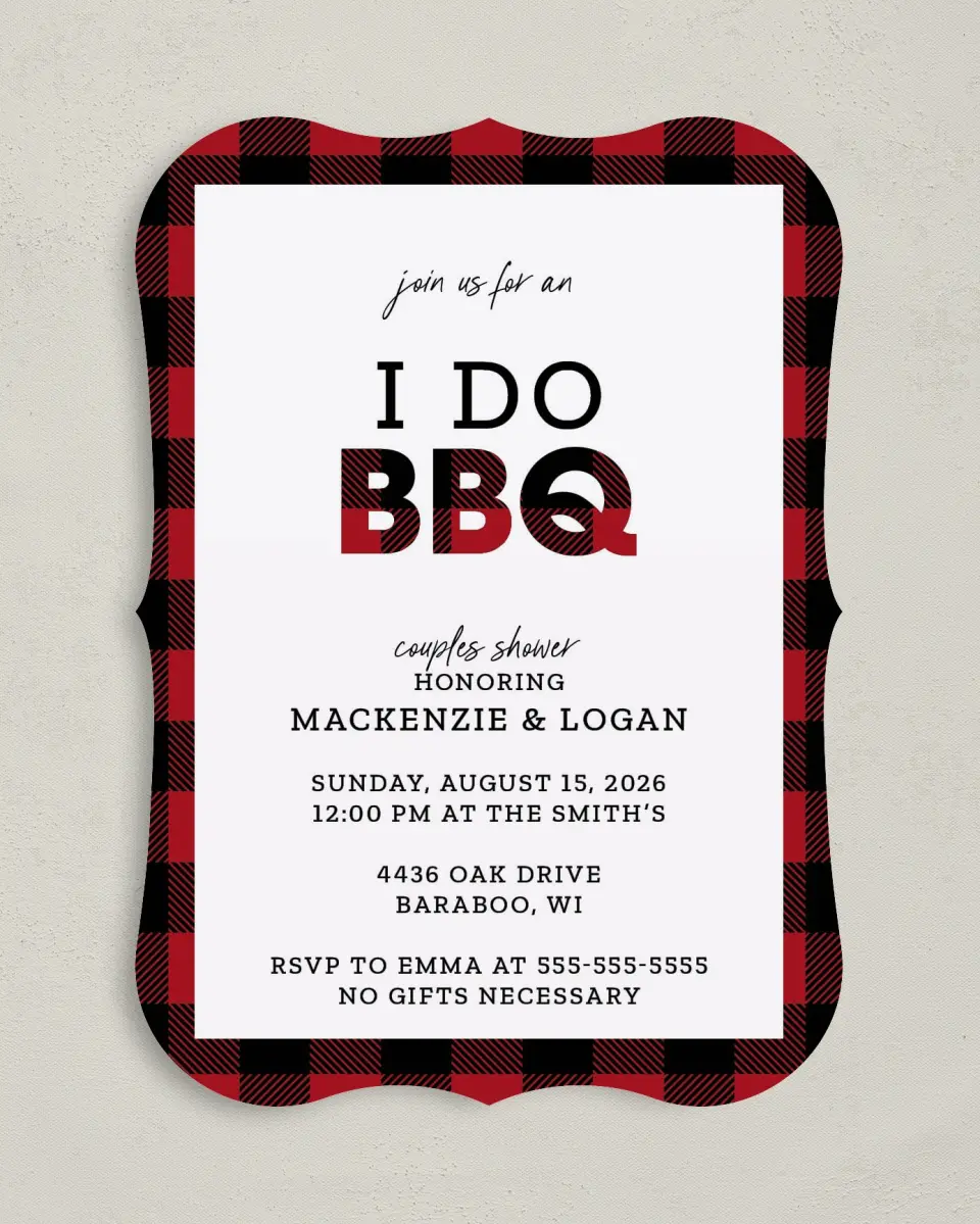 This is a 5" x 7" Bridal Shower Invitation called I Do BBQ printed in full color with Rose Gold foil on Luxe Satin (coated) paper