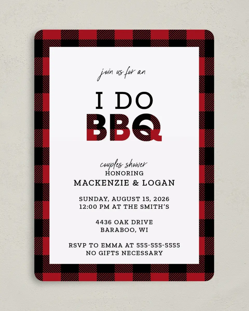 This is a 5" x 7" Bridal Shower Invitation called I Do BBQ printed in full color on Premium Smooth paper