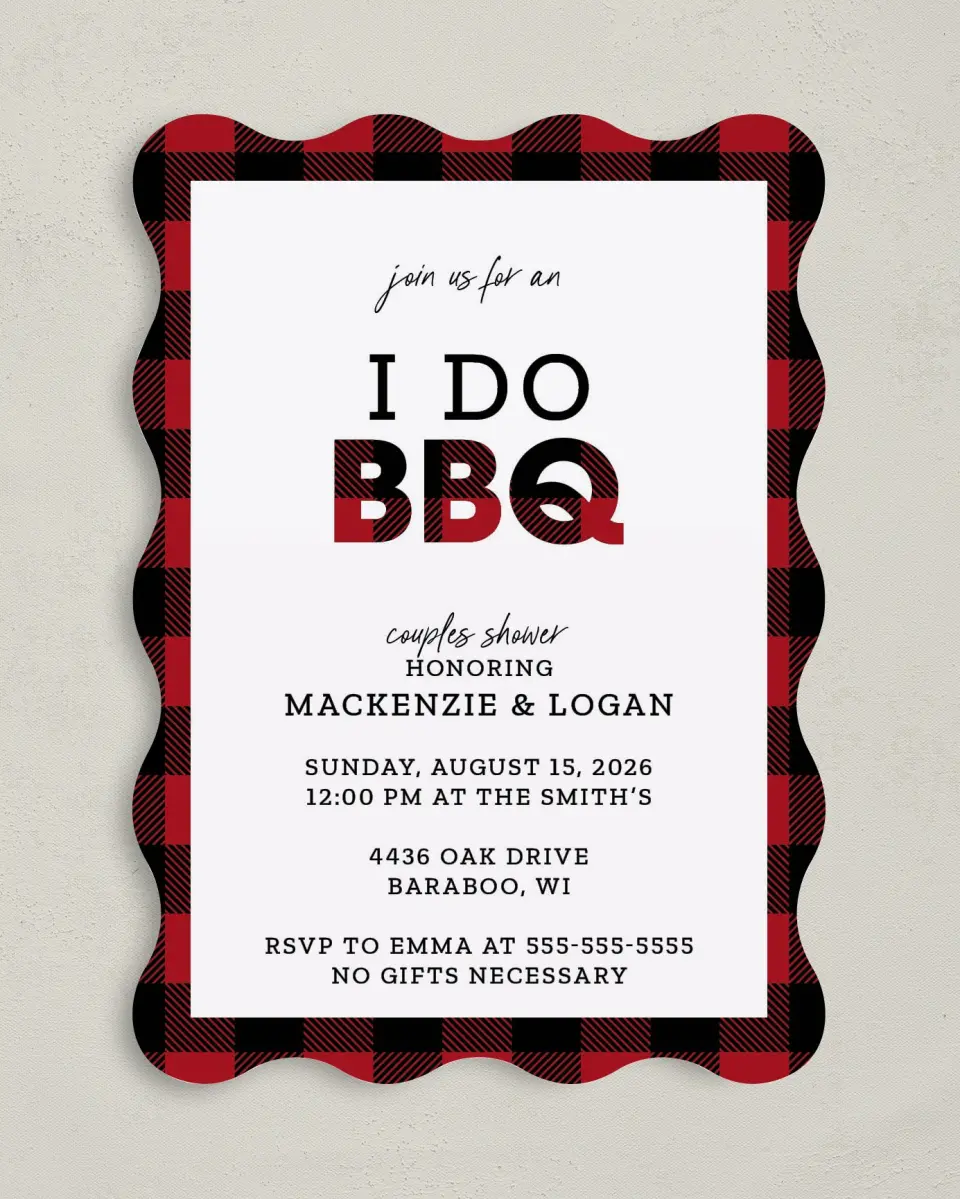 This is a 5" x 7" Bridal Shower Invitation called I Do BBQ printed in full color with Gold foil on Luxe Satin (coated) paper