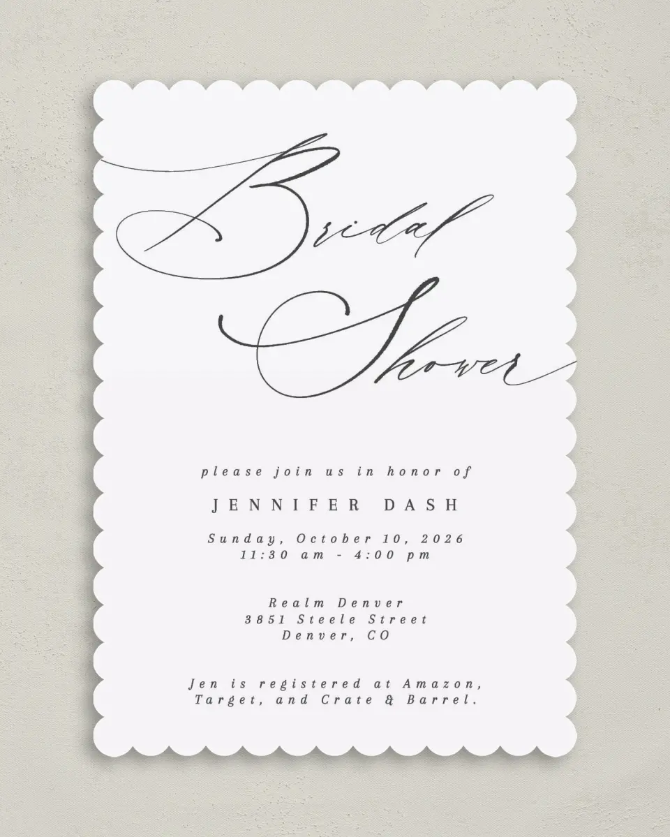 This is a 5" x 7" Bridal Shower Invitation called Soon to be Soiree printed in full color with Rose Gold foil on Luxe Satin (coated) paper