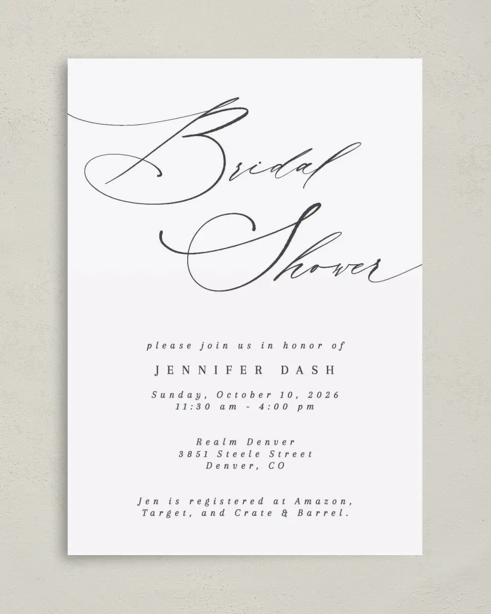 This is a 5" x 7" Bridal Shower Invitation called Soon to be Soiree printed in full color with Gold foil on Luxe Satin (coated) paper