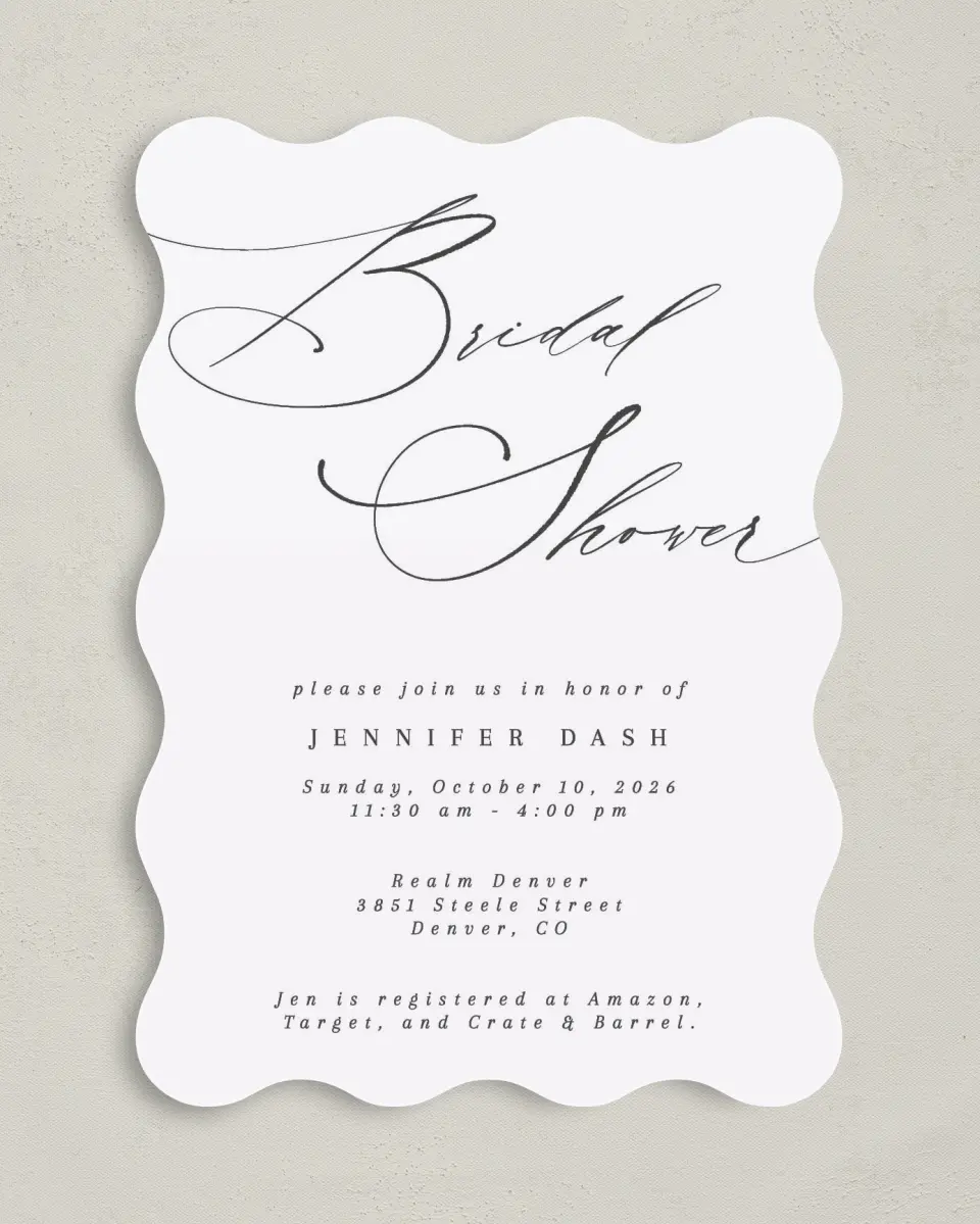 This is a 5" x 7" Bridal Shower Invitation called Soon to be Soiree printed in full color with Rose Gold foil on Luxe Satin (coated) paper
