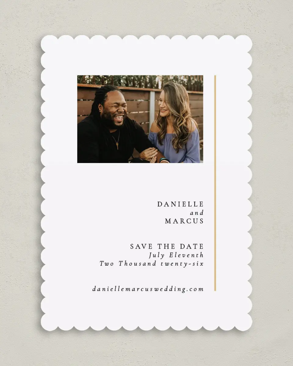 This is a 5" x 7" Save the Date Card called Laughing Hearts printed in full color on Premium Smooth paper