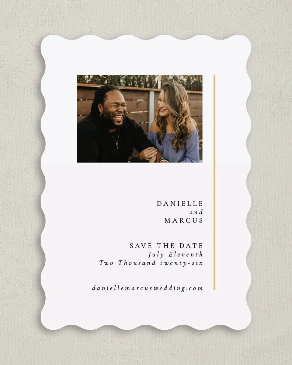 This is a 5" x 7" Save the Date Card called Laughing Hearts printed in full color on Premium Smooth paper