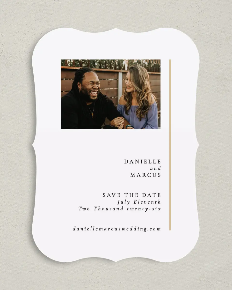 This is a 5" x 7" Save the Date Card called Laughing Hearts printed in full color on Premium Smooth paper