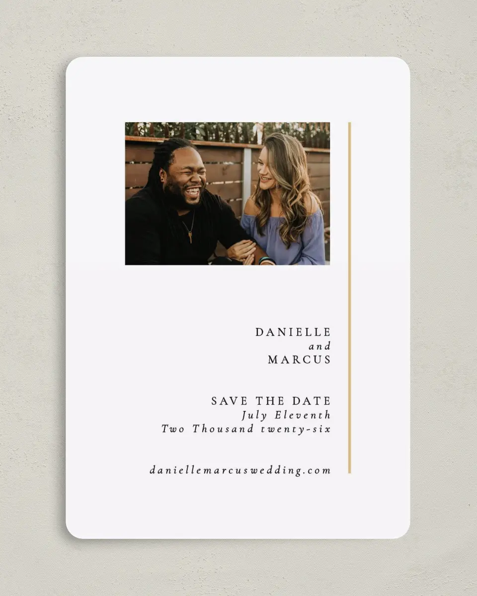 This is a 5" x 7" Save the Date Card called Laughing Hearts printed in full color on Premium Smooth paper