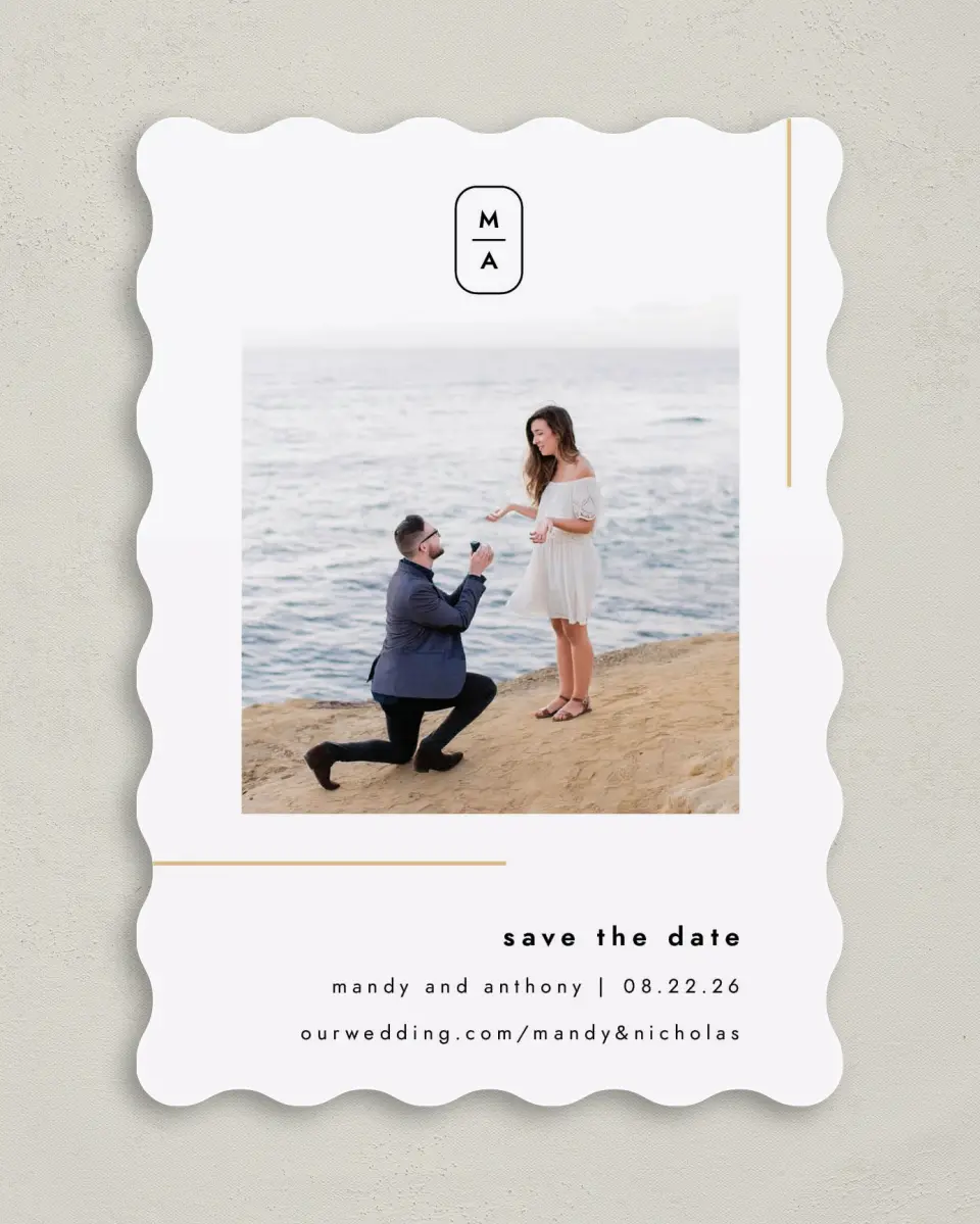 This is a 5" x 7" Save the Date Card called The Proposal printed in full color on Premium Smooth paper