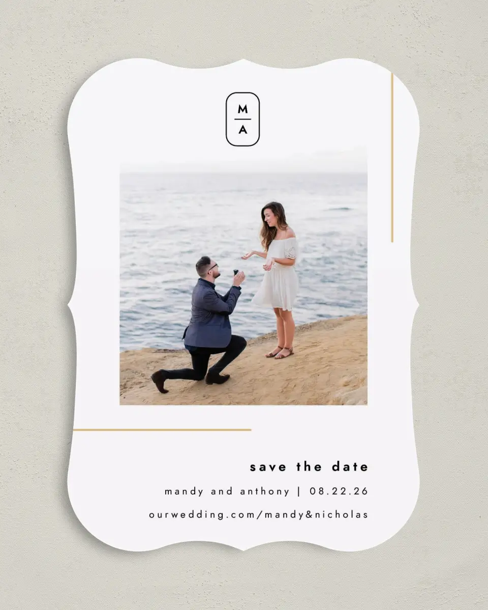 This is a 5" x 7" Save the Date Card called The Proposal printed in full color on Premium Smooth paper