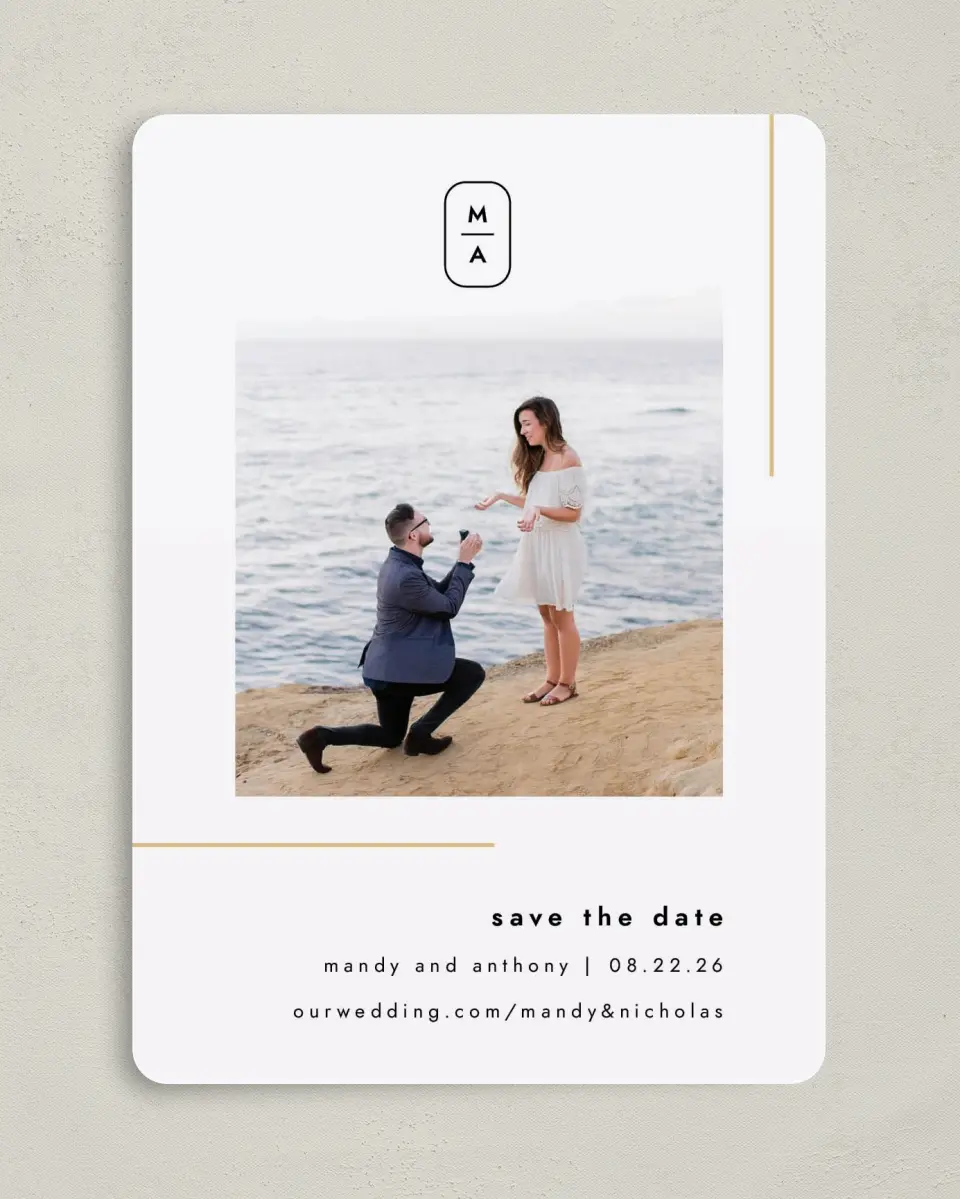 This is a 5" x 7" Save the Date Card called The Proposal printed in full color on Premium Smooth paper