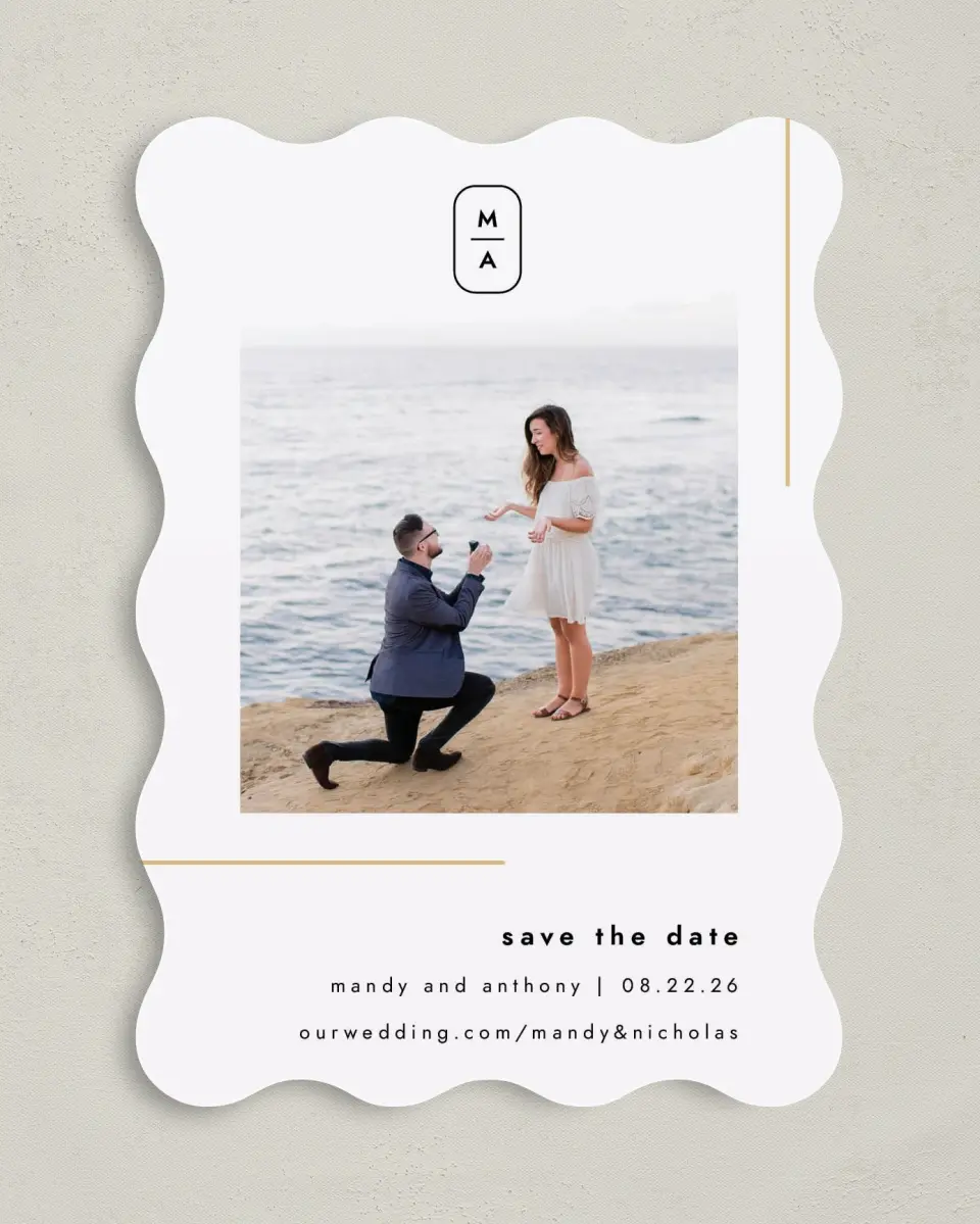 This is a 5" x 7" Save the Date Card called The Proposal printed in full color on Premium Smooth paper