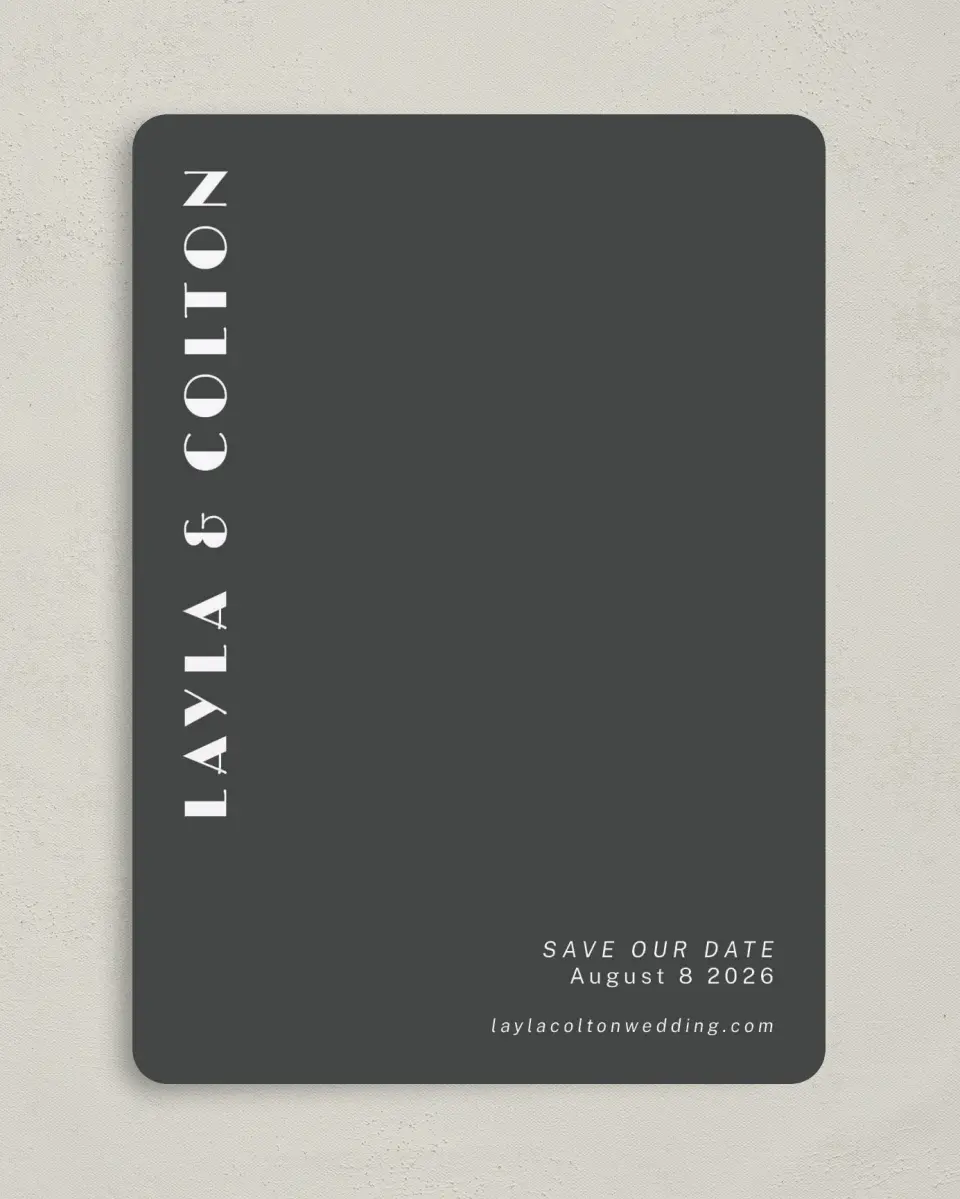 This is a 5" x 7" Save the Date Card called Boldly Forward printed in full color on Premium Smooth paper