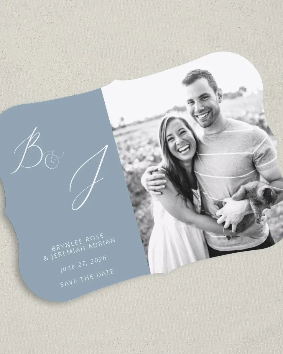 This is a 5" x 7" Save the Date Card called Simple Embrace printed in full color on Premium Smooth paper