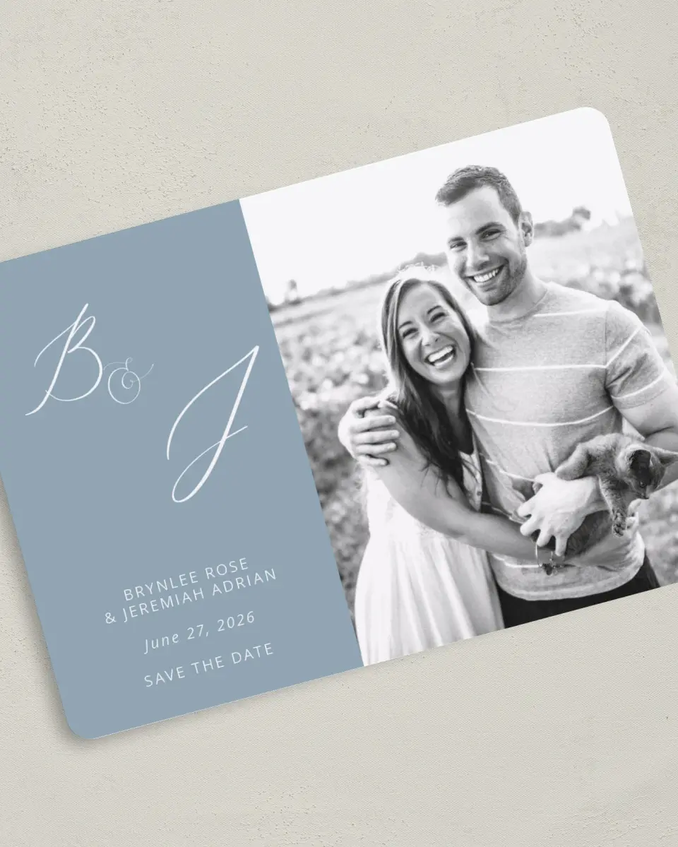 This is a 5" x 7" Save the Date Card called Simple Embrace printed in full color on Premium Smooth paper