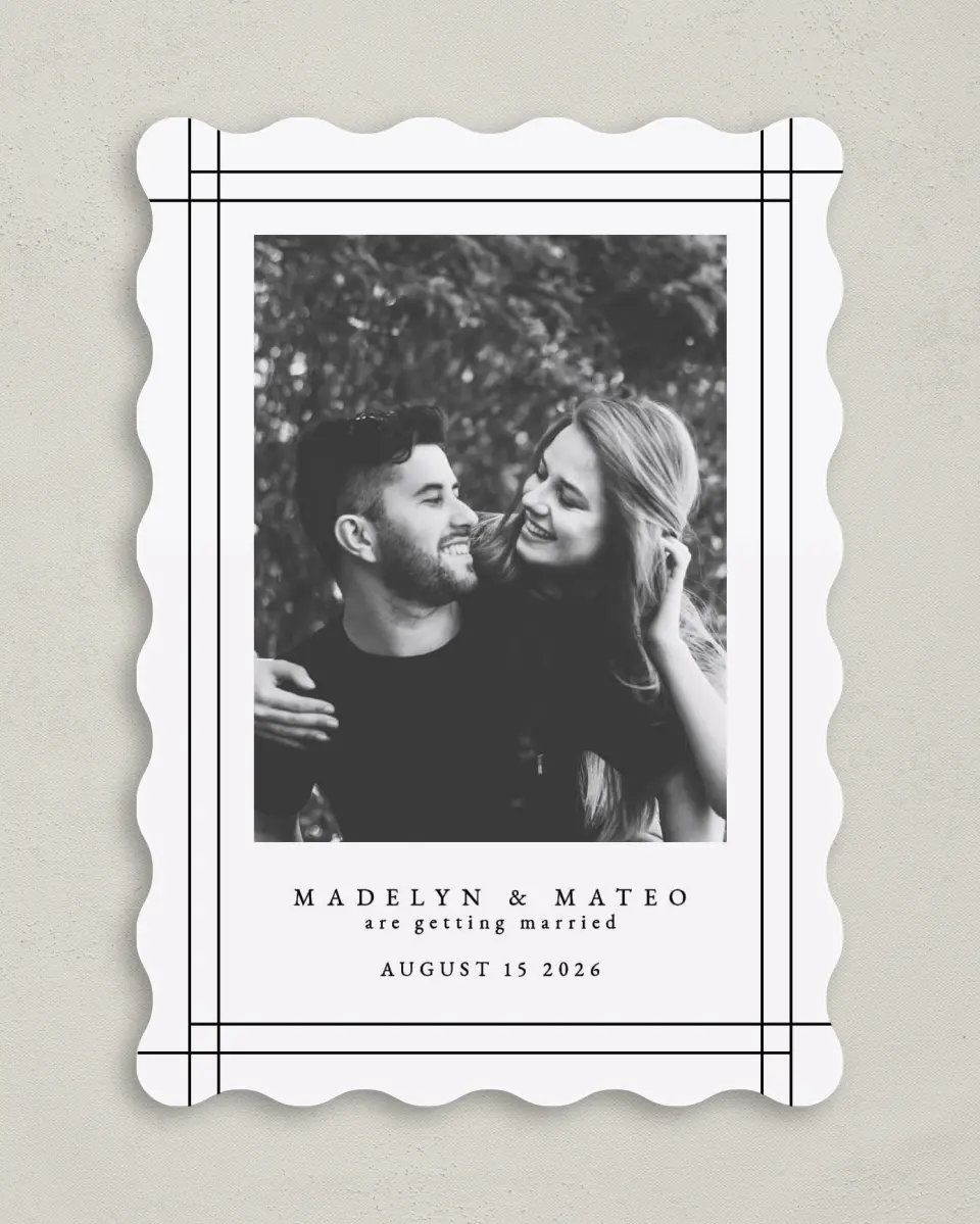 This is a 5" x 7" Save the Date Card called Mod Frame printed in full color on Premium Smooth paper
