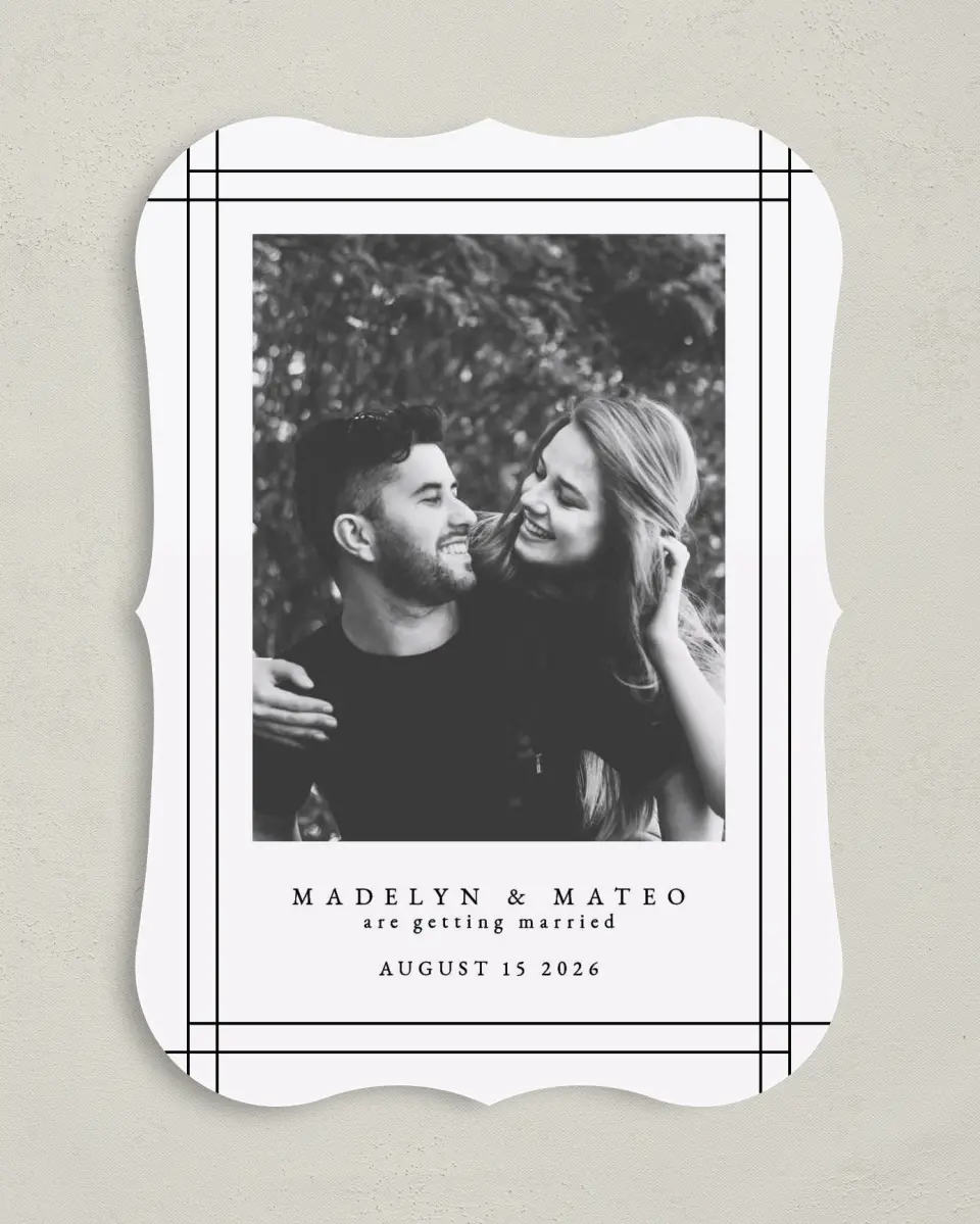 This is a 5" x 7" Save the Date Card called Mod Frame printed in full color on Premium Smooth paper