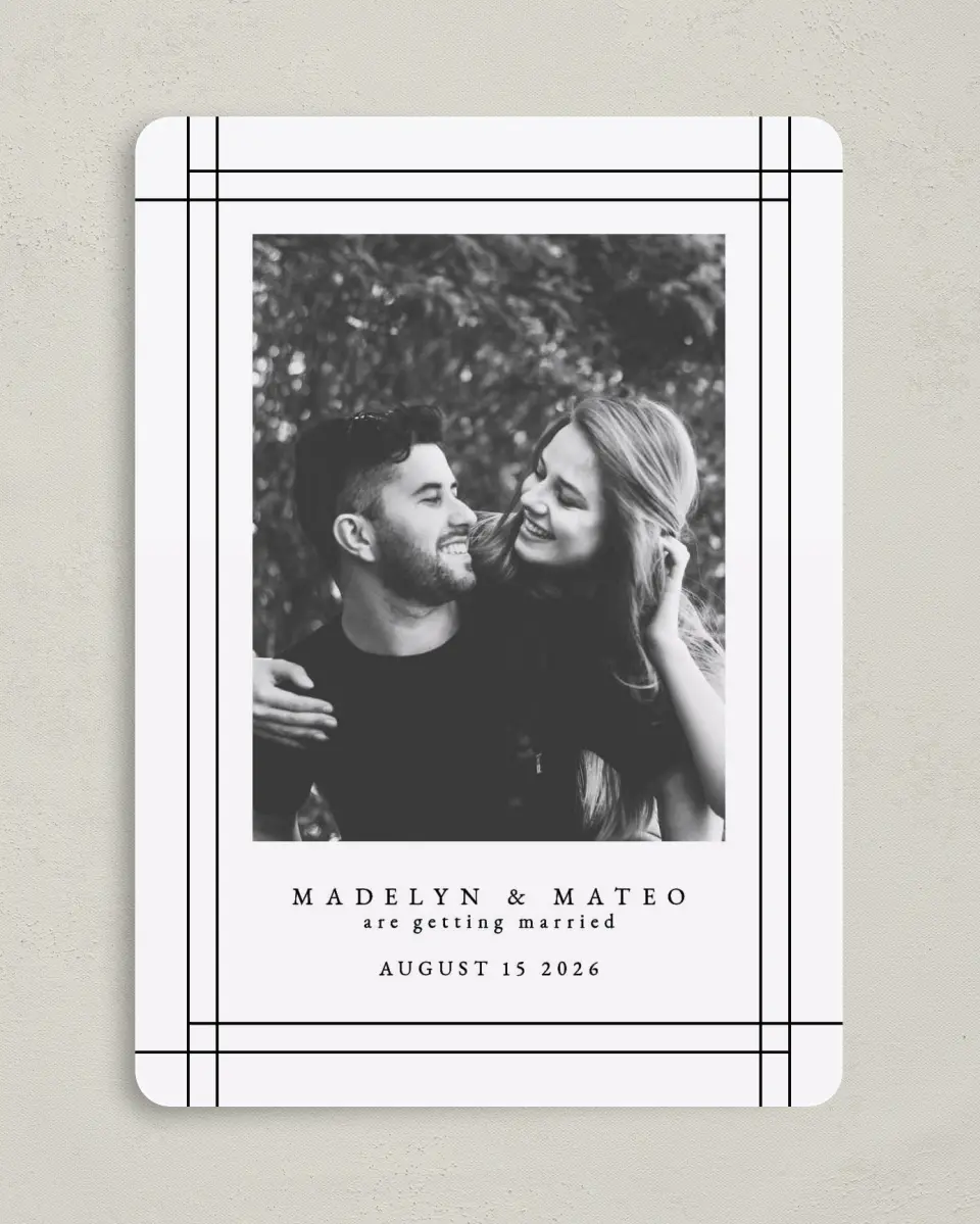 This is a 5" x 7" Save the Date Card called Mod Frame printed in full color on Premium Smooth paper