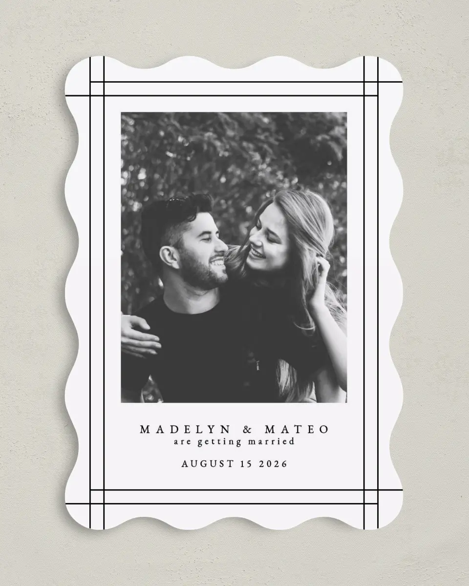 This is a 5" x 7" Save the Date Card called Mod Frame printed in full color on Premium Smooth paper
