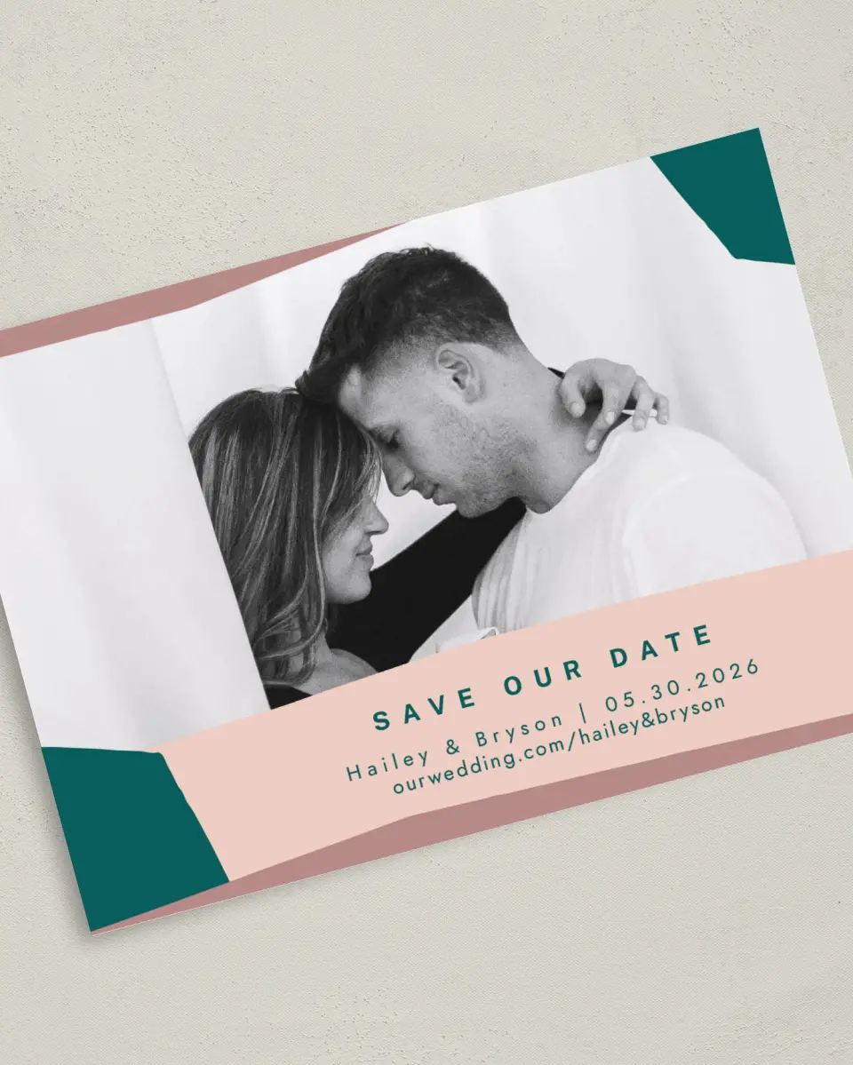 This is a 5" x 7" Save the Date Card called Shaped Love printed in full color on Premium Smooth paper