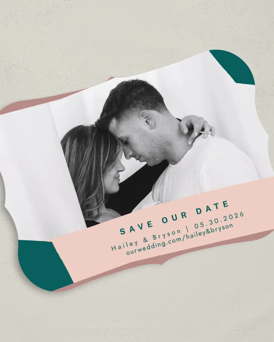 This is a 5" x 7" Save the Date Card called Shaped Love printed in full color on Premium Smooth paper