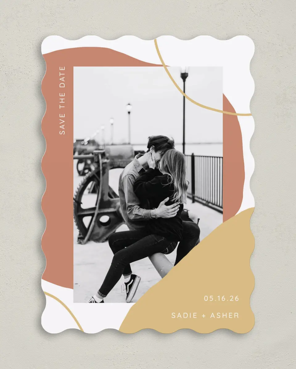 This is a 5" x 7" Save the Date Card called Contemporary Bubbles printed in full color on Premium Smooth paper