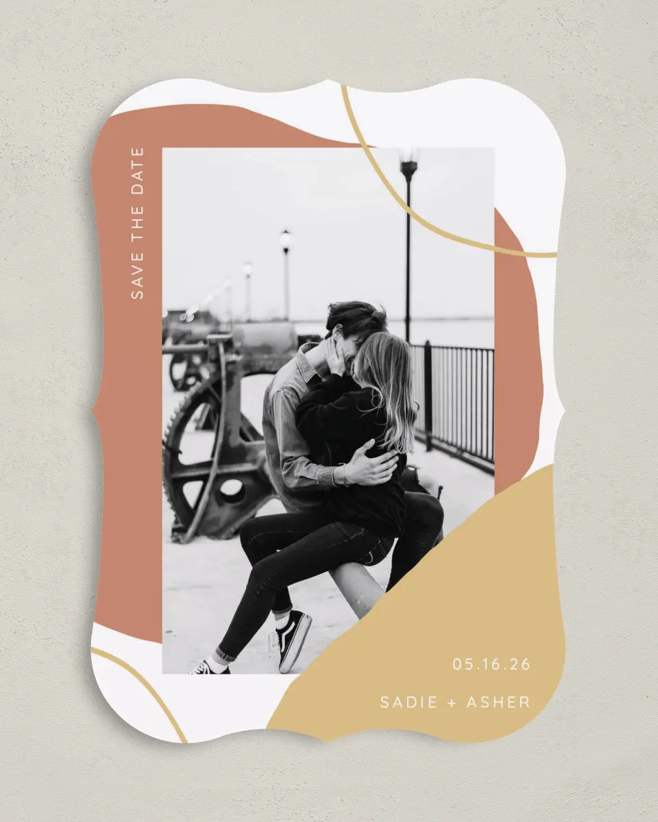 This is a 5" x 7" Save the Date Card called Contemporary Bubbles printed in full color on Premium Smooth paper