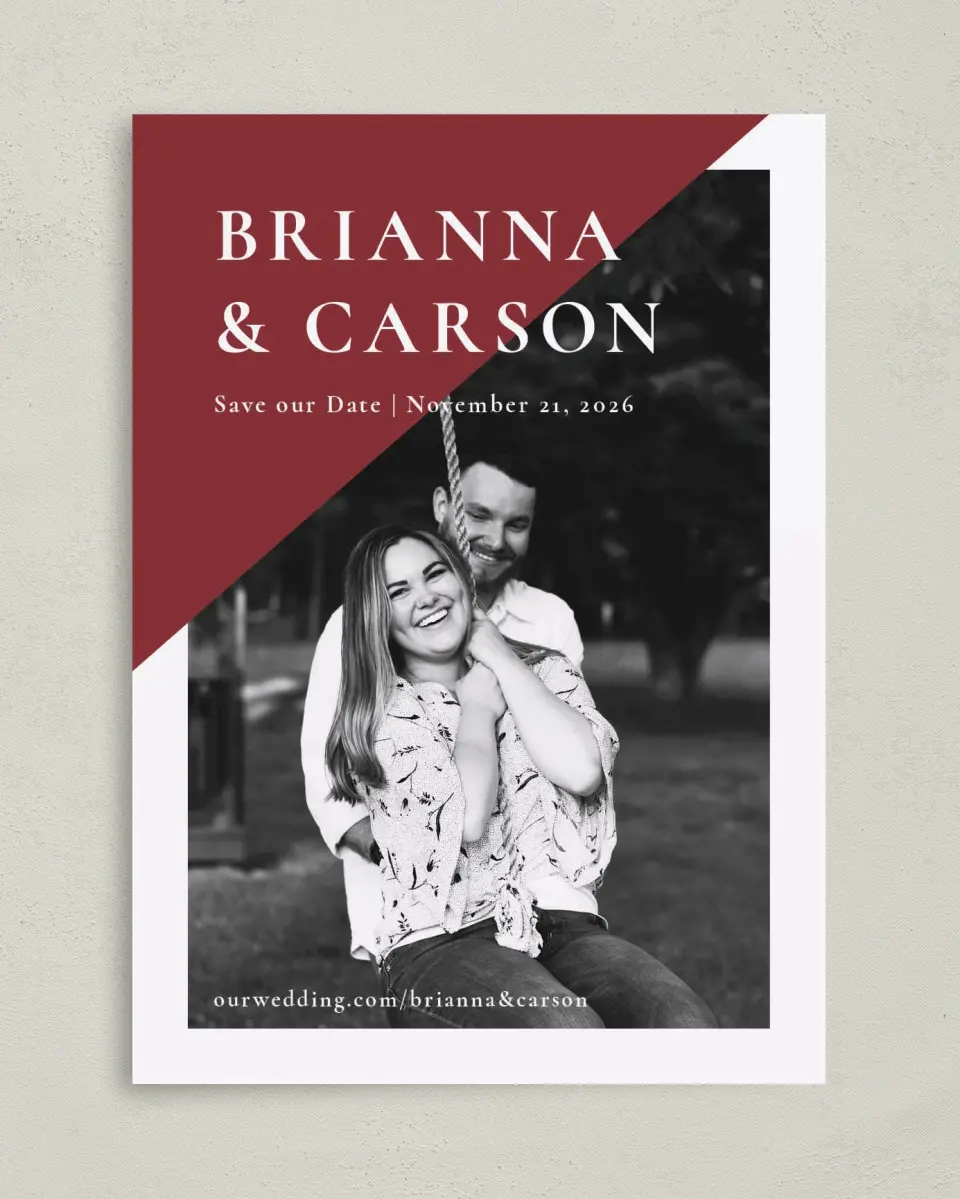 This is a 5" x 7" Save the Date Card called Bold Banner printed in full color on Premium Smooth paper