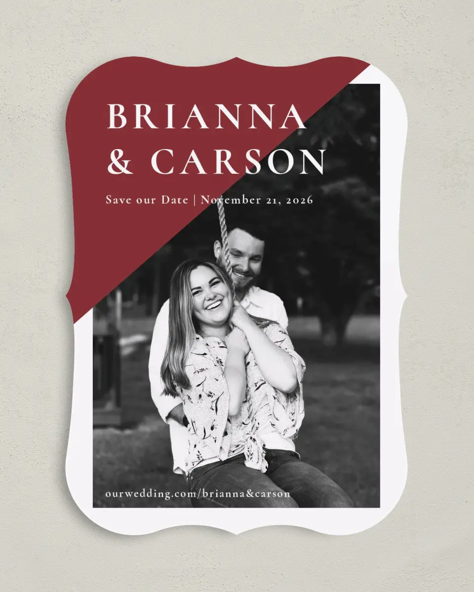This is a 5" x 7" Save the Date Card called Bold Banner printed in full color on Premium Smooth paper
