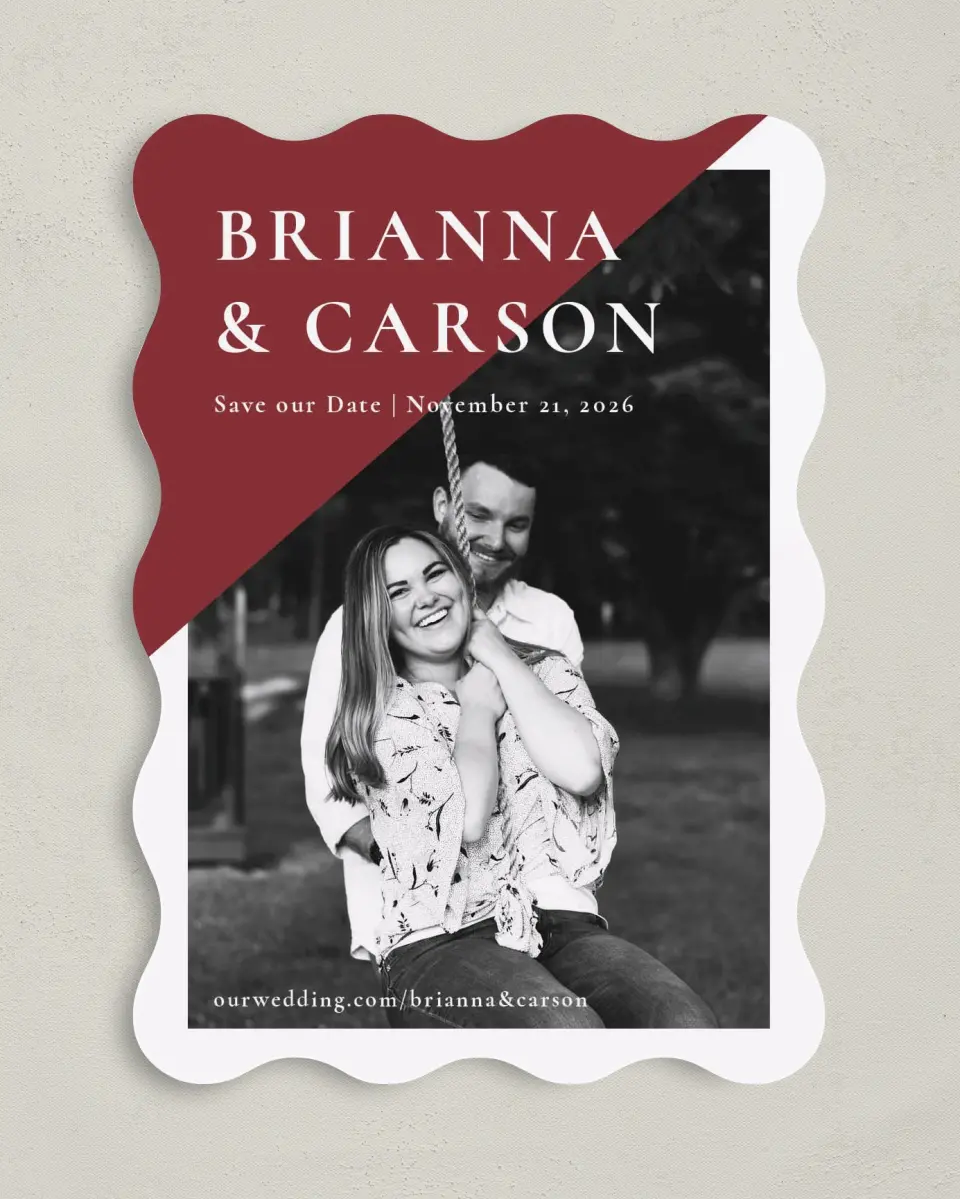 This is a 5" x 7" Save the Date Card called Bold Banner printed in full color on Premium Smooth paper