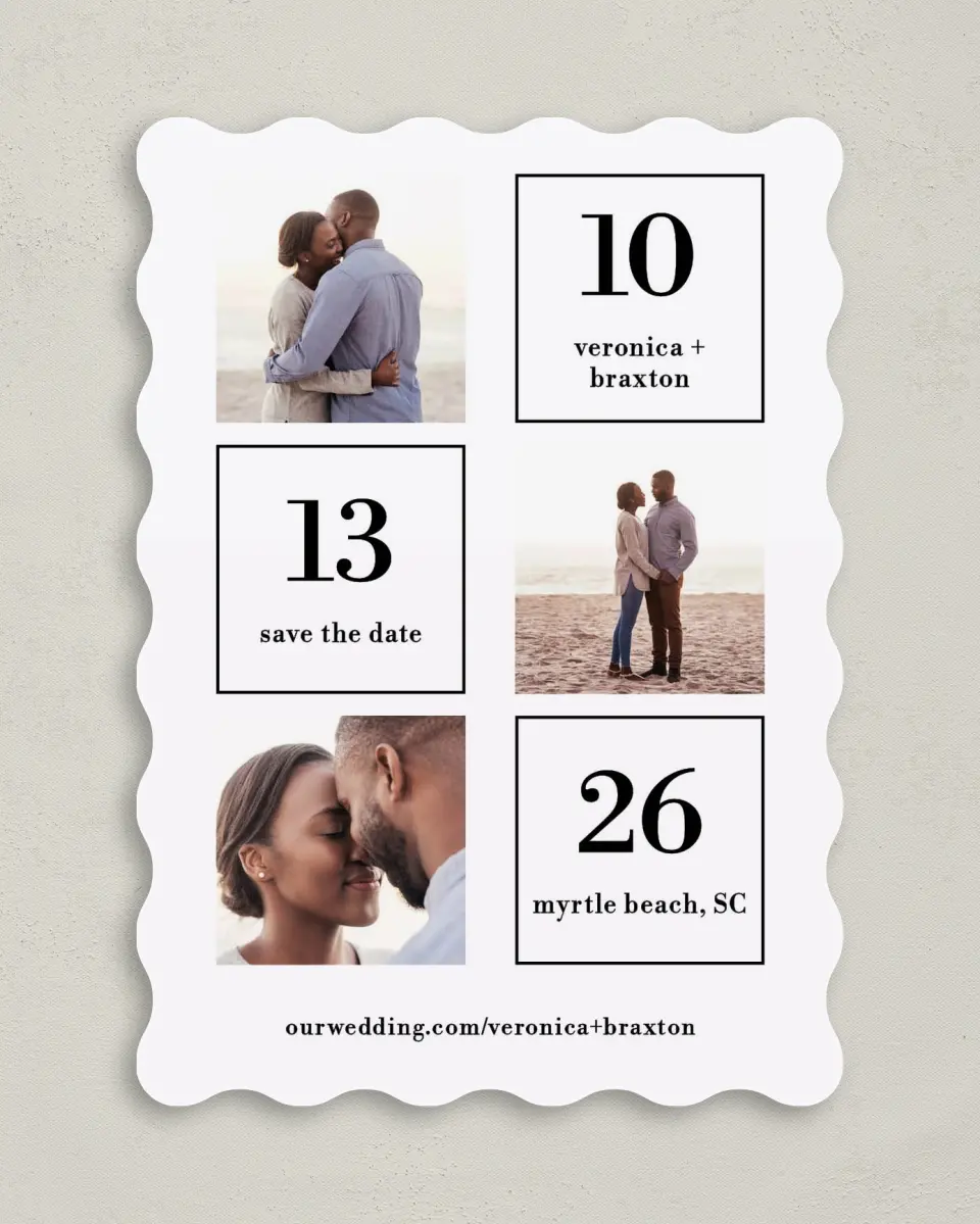 This is a 5" x 7" Save the Date Card called Stacked Squares printed in full color on Premium Smooth paper