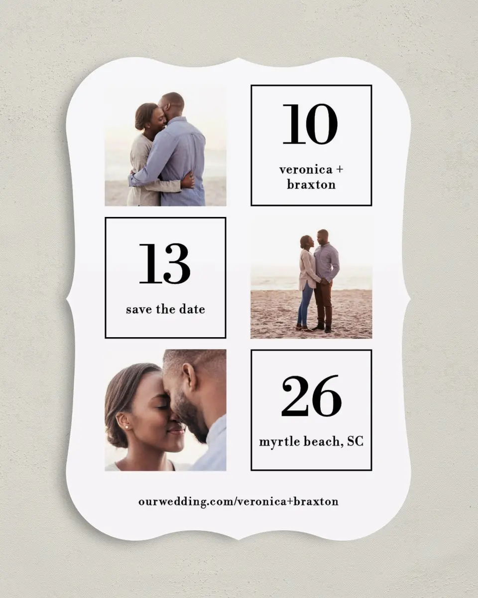 This is a 5" x 7" Save the Date Card called Stacked Squares printed in full color on Premium Smooth paper