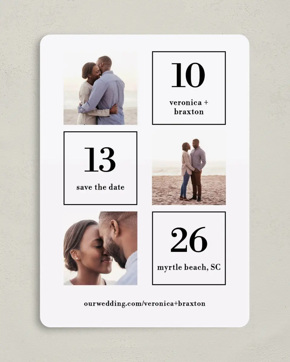 This is a 5" x 7" Save the Date Card called Stacked Squares printed in full color on Premium Smooth paper