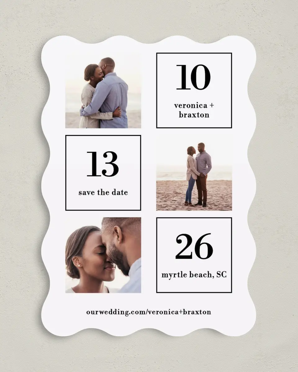 This is a 5" x 7" Save the Date Card called Stacked Squares printed in full color on Premium Smooth paper
