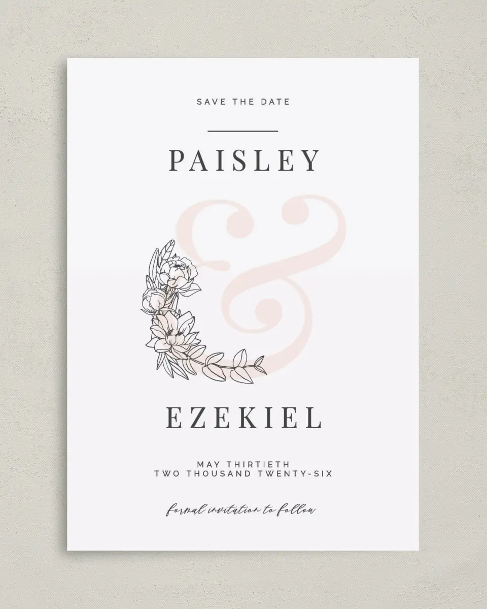 This is a 5" x 7" Save the Date Card called Floral Outline printed in full color on Premium Smooth paper