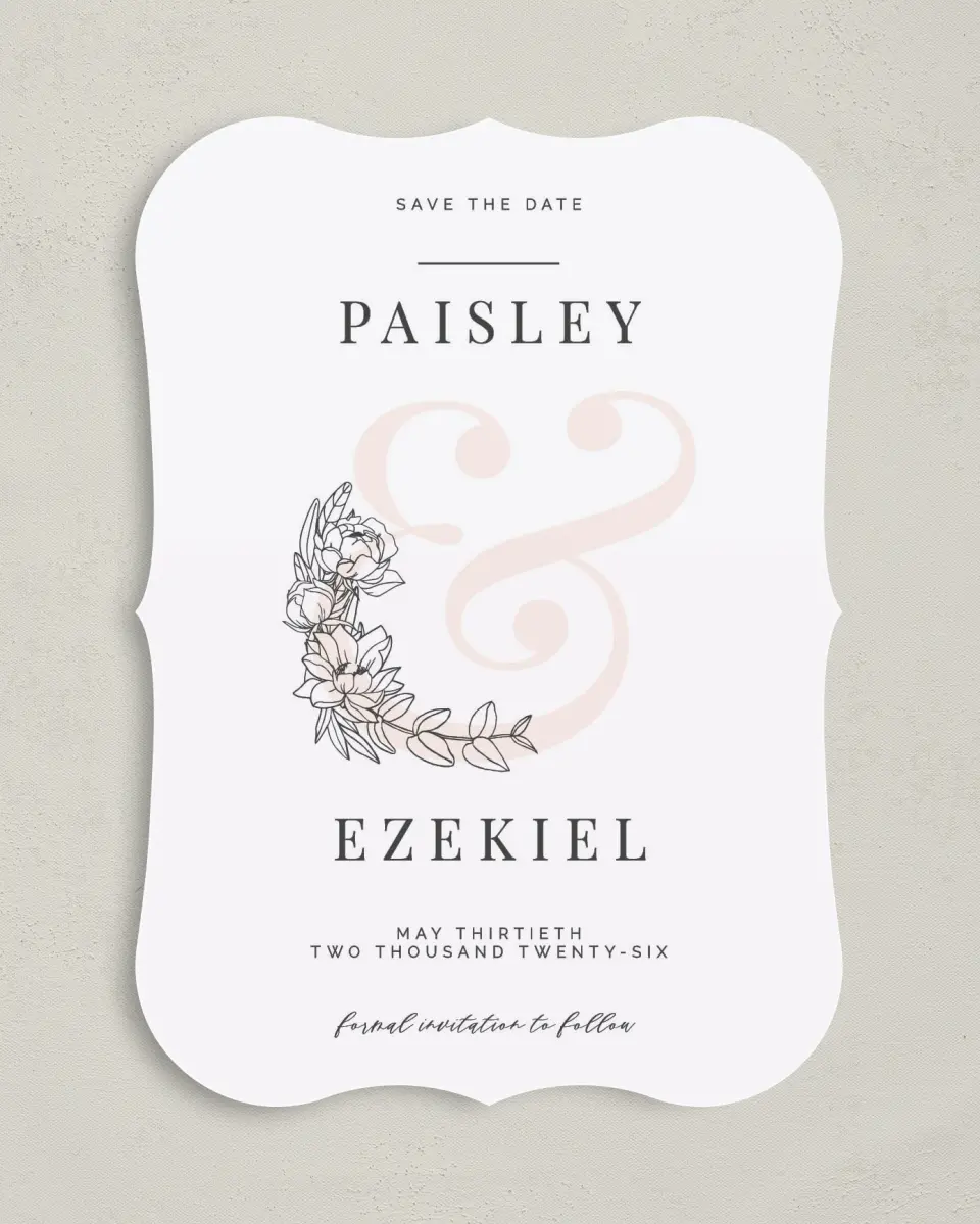 This is a 5" x 7" Save the Date Card called Floral Outline printed in full color on Premium Smooth paper