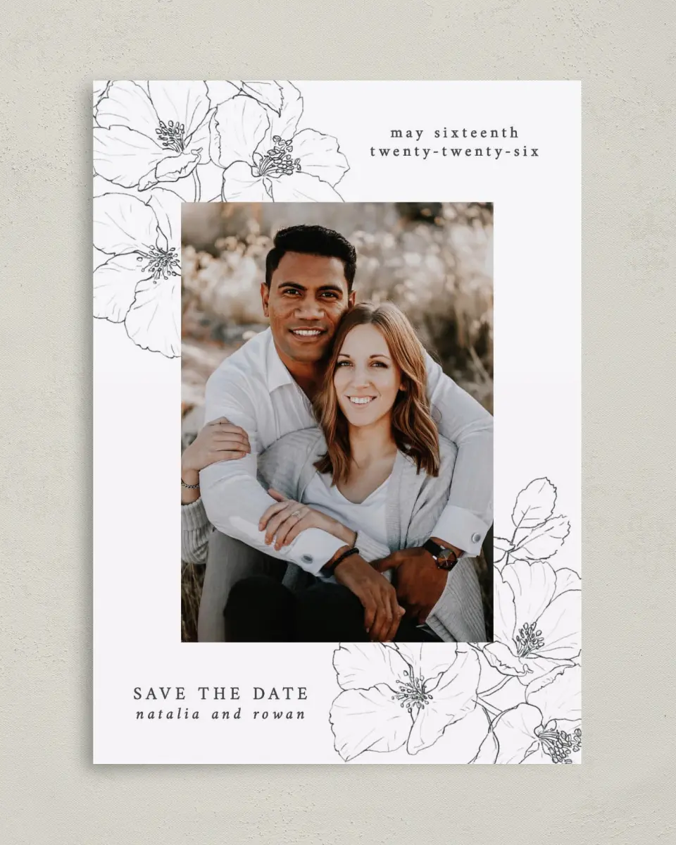 This is a 5" x 7" Save the Date Card called Hibiscus Hideaway printed in full color on Premium Smooth paper