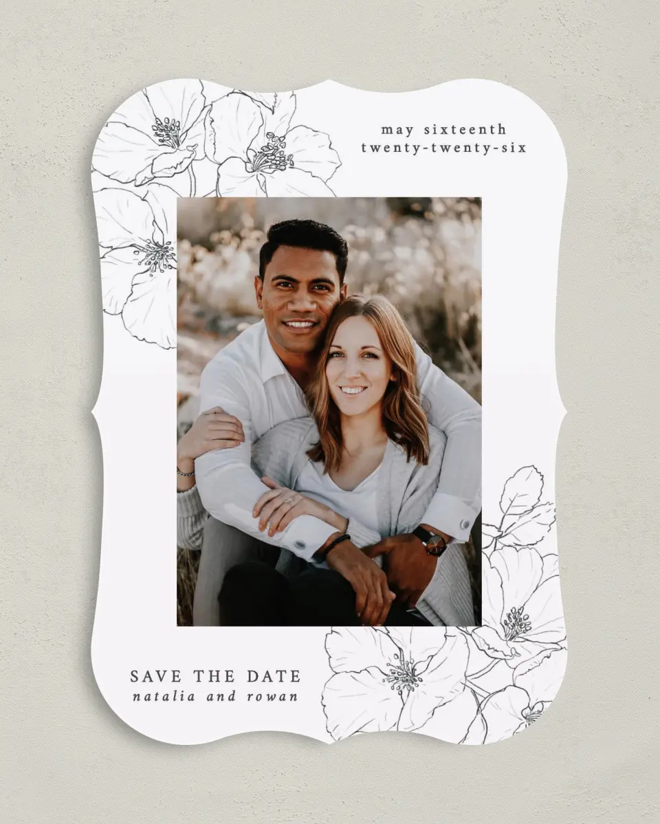 This is a 5" x 7" Save the Date Card called Hibiscus Hideaway printed in full color on Premium Smooth paper