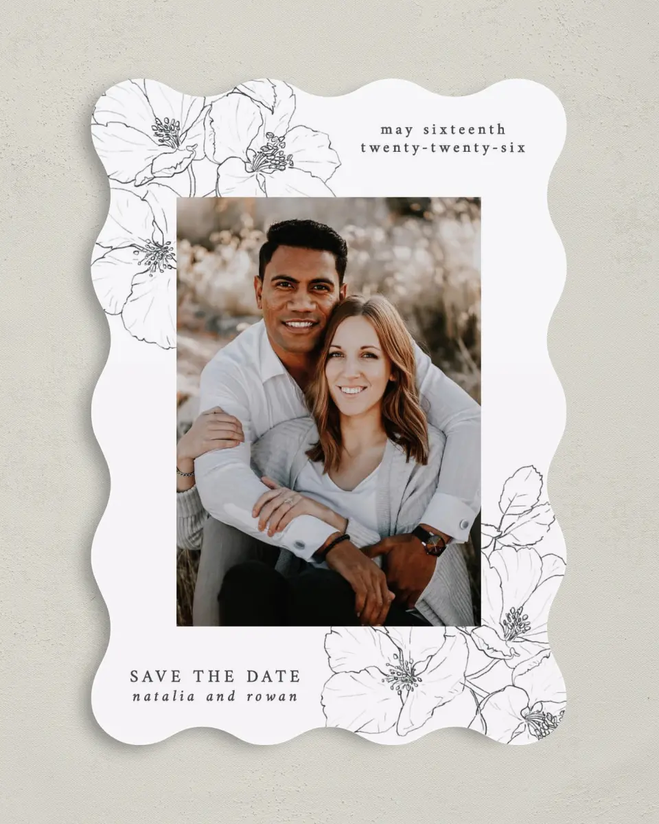 This is a 5" x 7" Save the Date Card called Hibiscus Hideaway printed in full color on Premium Smooth paper