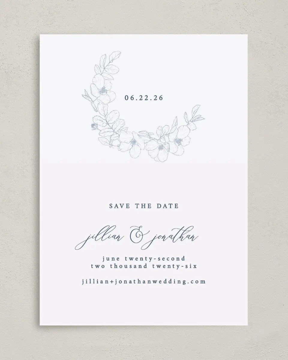 This is a 5" x 7" Save the Date Card called Floral Sketch printed in full color on Premium Smooth paper