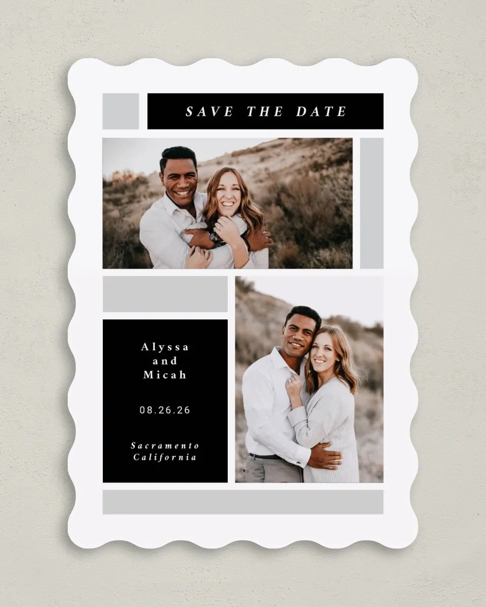This is a 5" x 7" Save the Date Card called Framed Boxes printed in full color on Premium Smooth paper